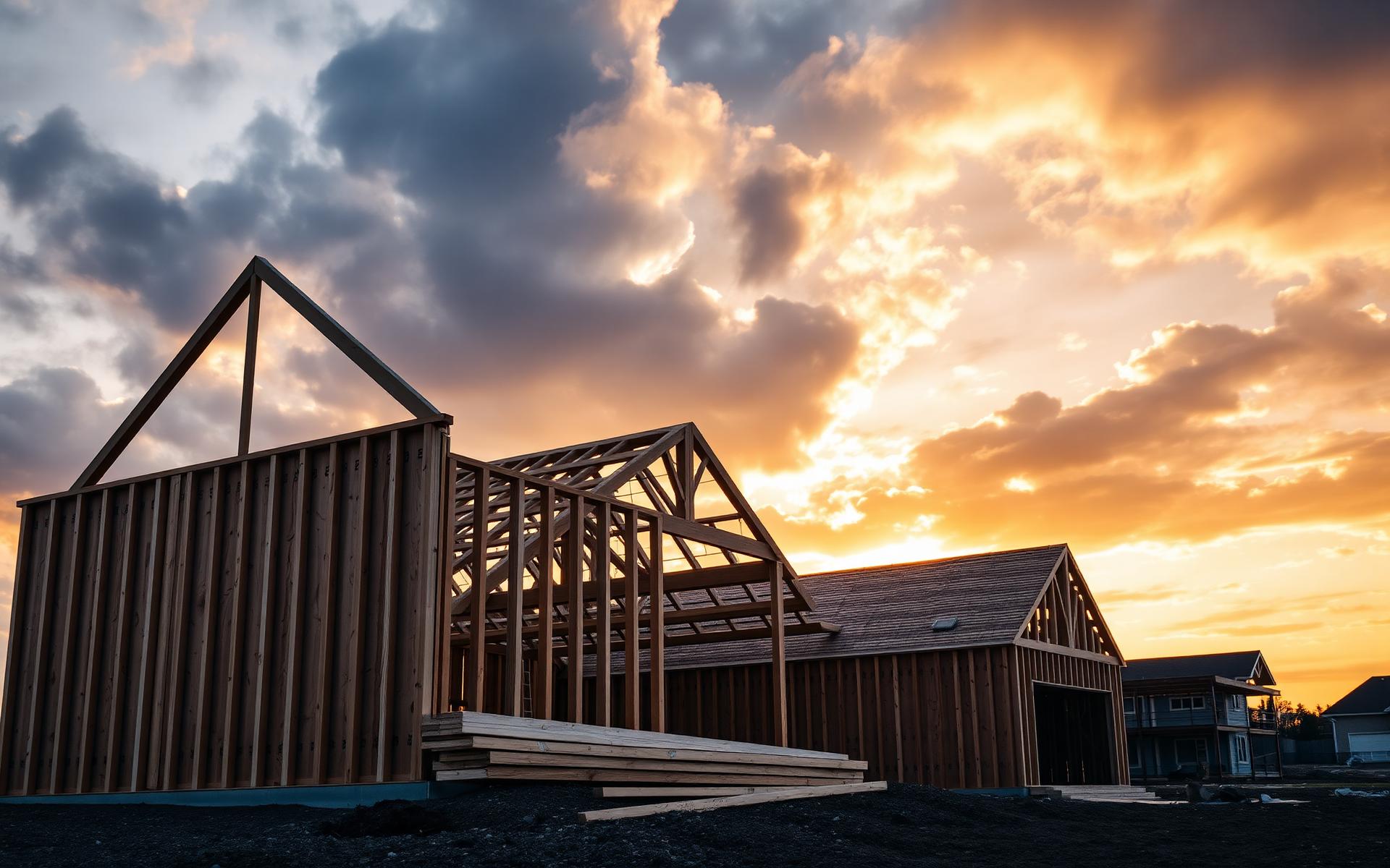Wood-framed home structure at golden hour